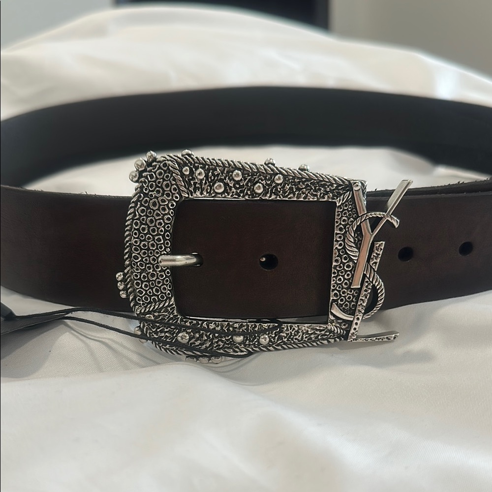 Saint Laurent Silver Buckle Brown Leather Belt - Picture 3 of 8